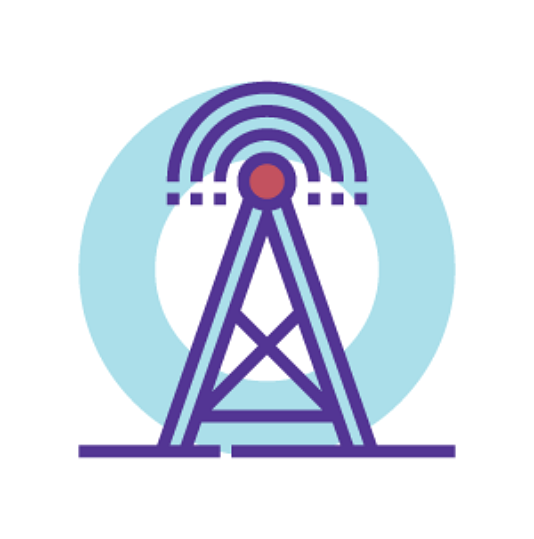 Icon of a broadcast tower emitting signal waves, symbolizing connectivity and digital equity.