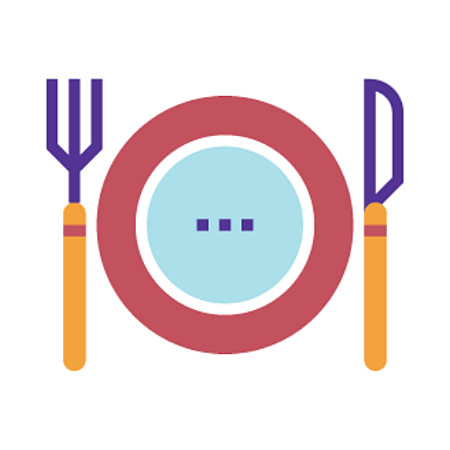 Icon of a red plate with a blue center, accompanied by a fork and knife, representing food security.