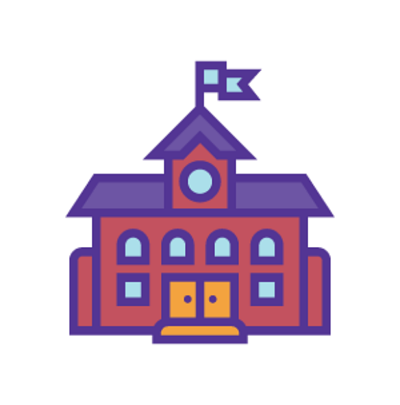 Icon of a traditional school building with a flag on top, symbolizing education and community.