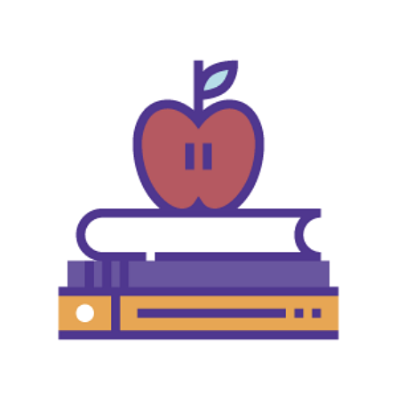 Icon of a red apple placed on top of stacked books, symbolizing literacy and education.