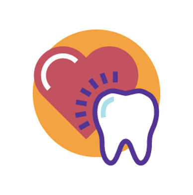 Icon of a red heart with a tooth in front, symbolizing oral health and overall care, set against an orange circle.
