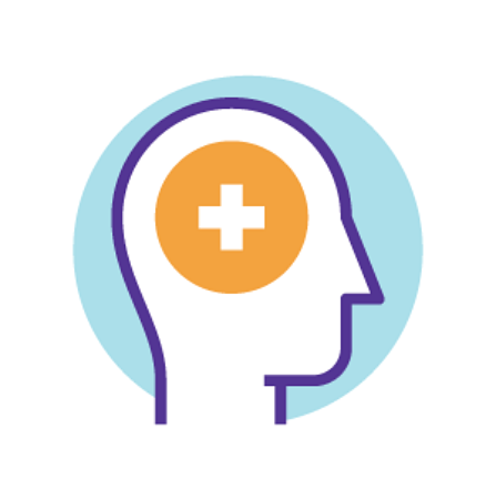 Icon of a human head with a plus sign inside, representing positive mental health and wellbeing.